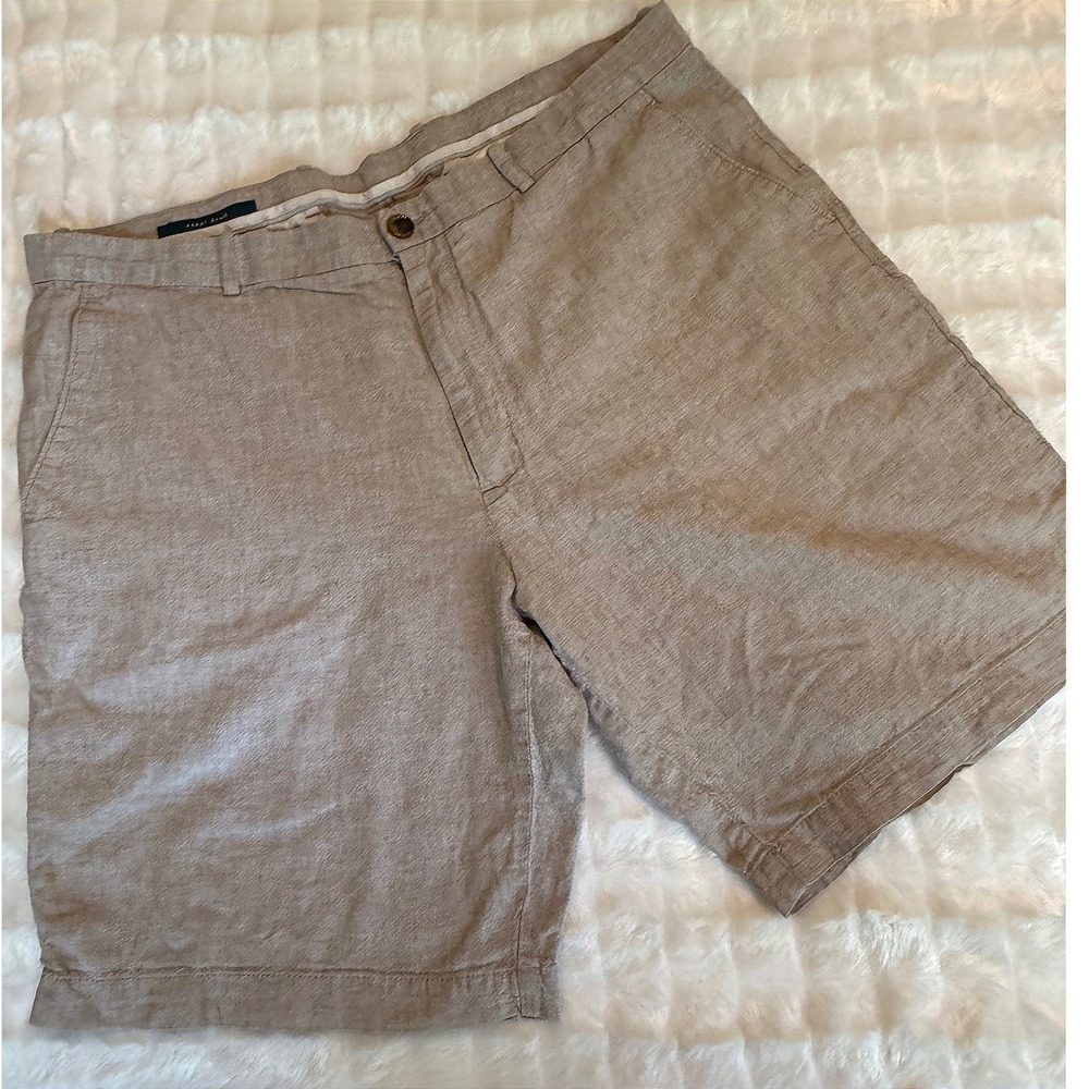 Perry Ellis Mens Linen Blend Flat Front Shorts Taupe Beige Resort Coastal 38